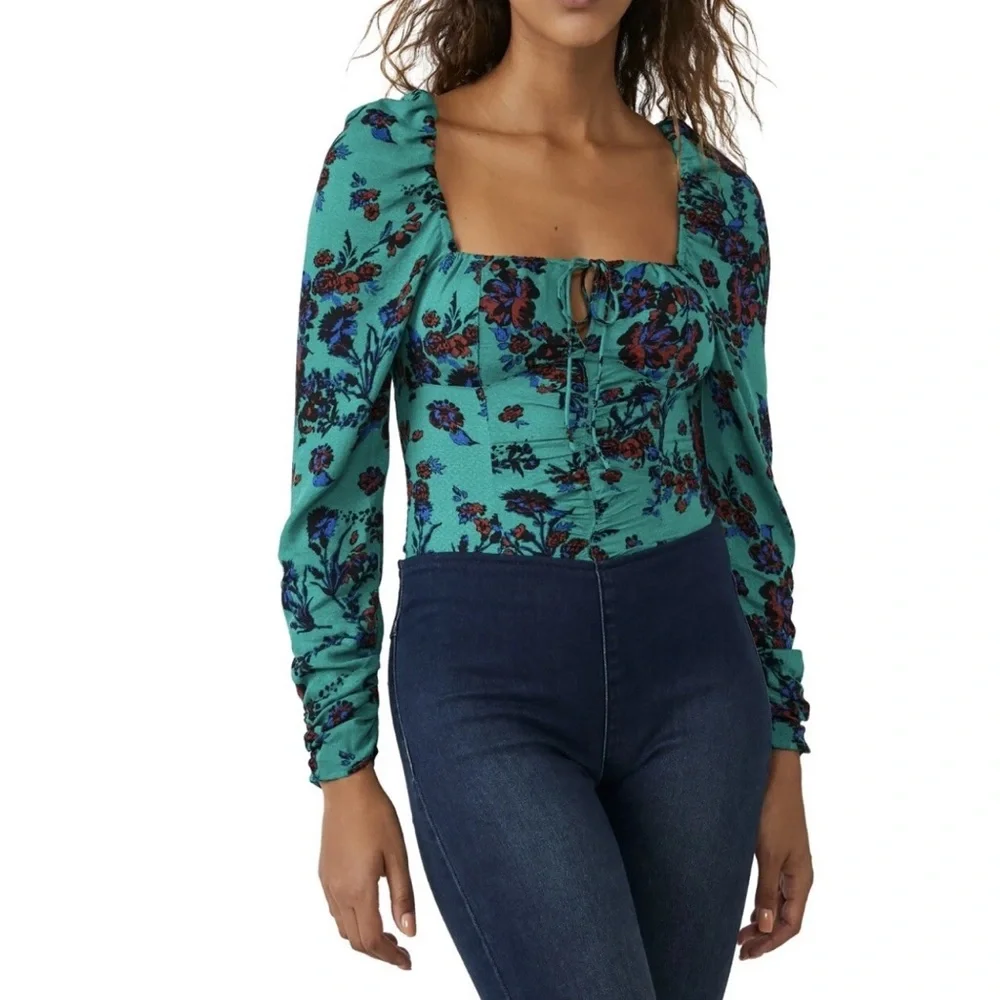 NEW Free People Green Puff Sleeve Ruched Blouse